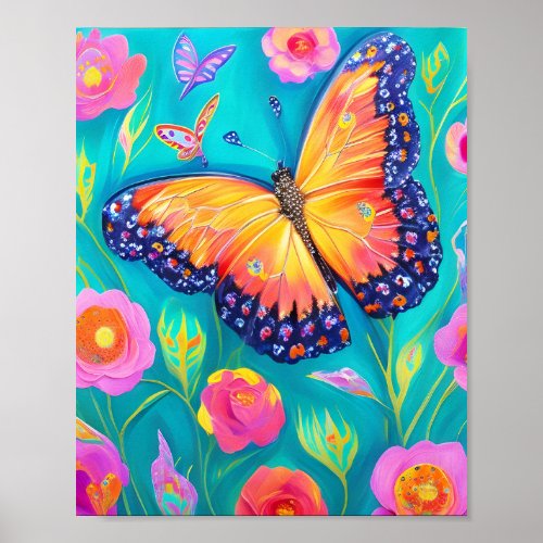 Painting of a butterfly in a field of flowers poster