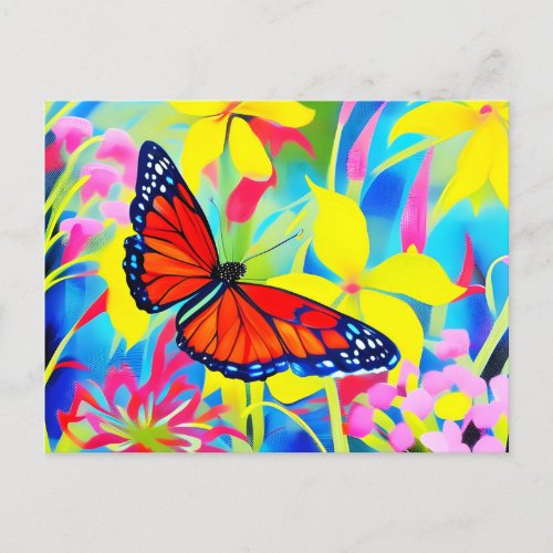 Painting of a butterfly on flowers postcard