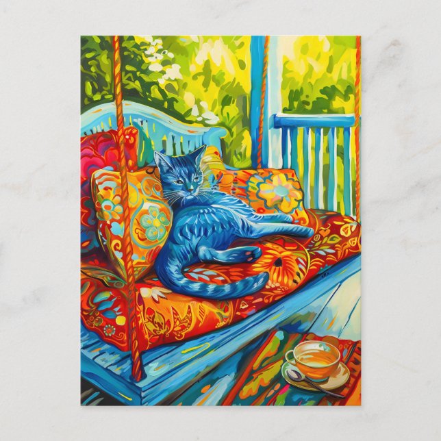 Painting of a Cat Grooming on Swing Postcard (Front)