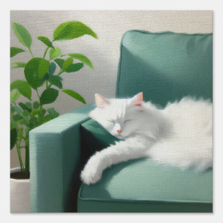 Painting of a Cat sleeping on a Green Couch Sign