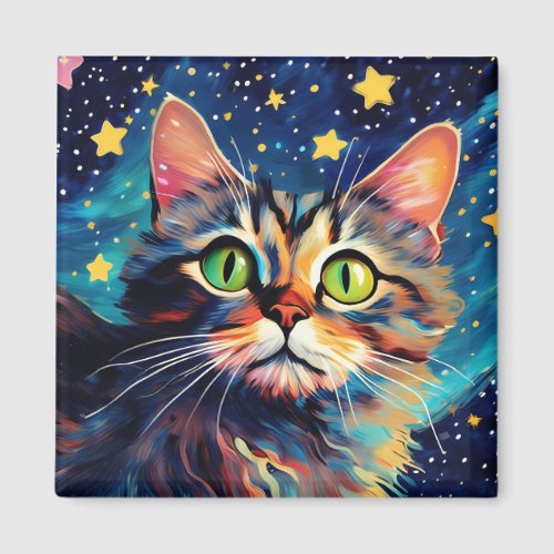 Painting of a cat with green eyes with stars magnet