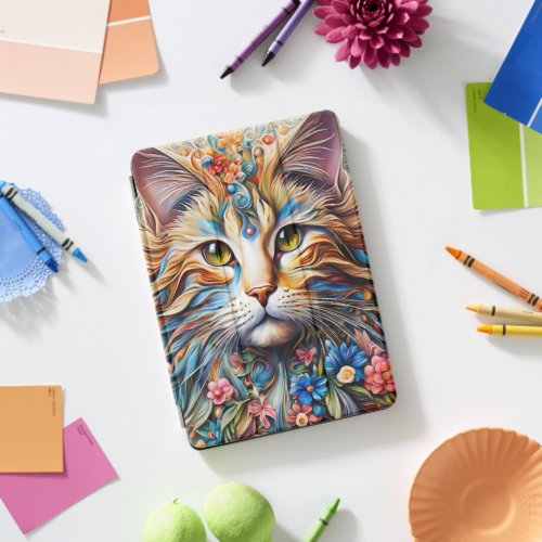 Painting of a cats face covered with flowers iPad pro cover