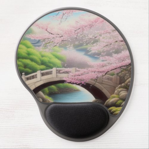 Painting Of A Cherry Blossom Tree At A Bridge Gel Mouse Pad