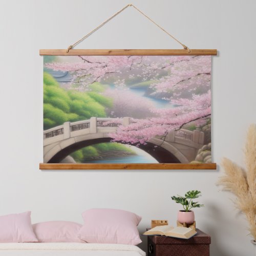 Painting Of A Cherry Blossom Tree At A Bridge Hanging Tapestry