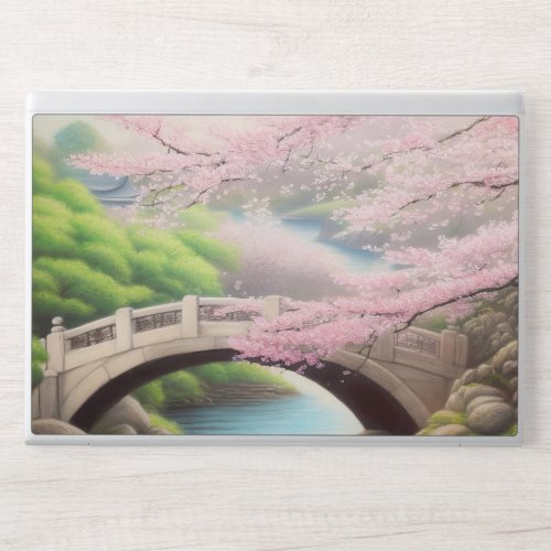 Painting Of A Cherry Blossom Tree At A Bridge HP Laptop Skin