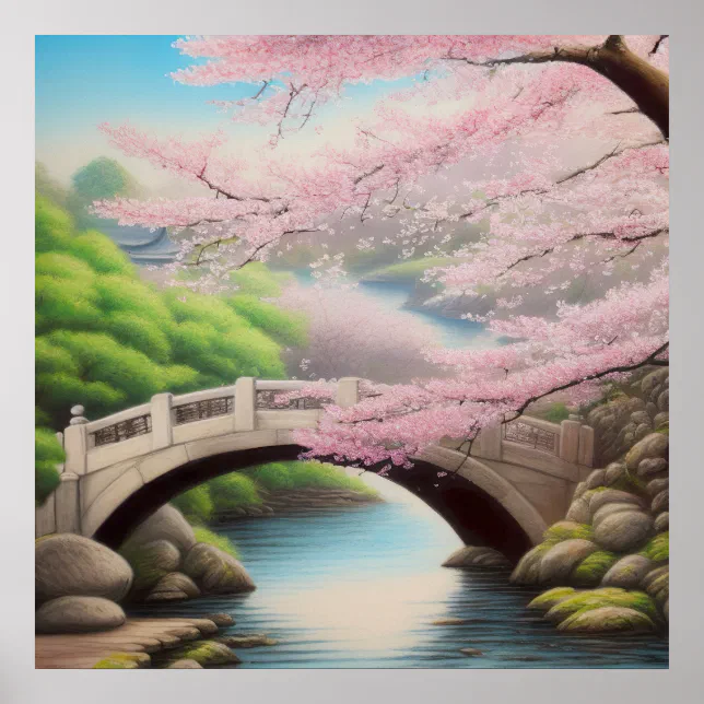 Painting Of A Cherry Blossom Tree At A Bridge Poster | Zazzle