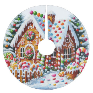 Painting of a Colorful Candy Gingerbread House Brushed Polyester Tree Skirt
