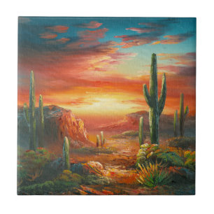Painting Of A Colorful Desert Sunset Painting Ceramic Tile