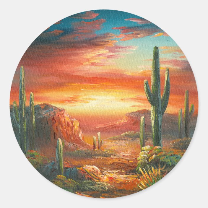 Painting Of A Colorful Desert Sunset Painting Classic Round Sticker