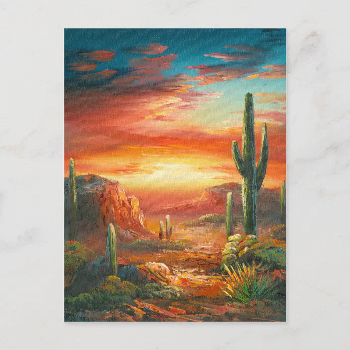 Painting Of A Colorful Desert Sunset Painting Postcard  Zazzle.com