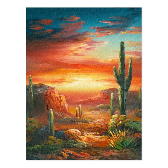 Painting Of A Colorful Desert Sunset Painting Postcard Zazzle Com