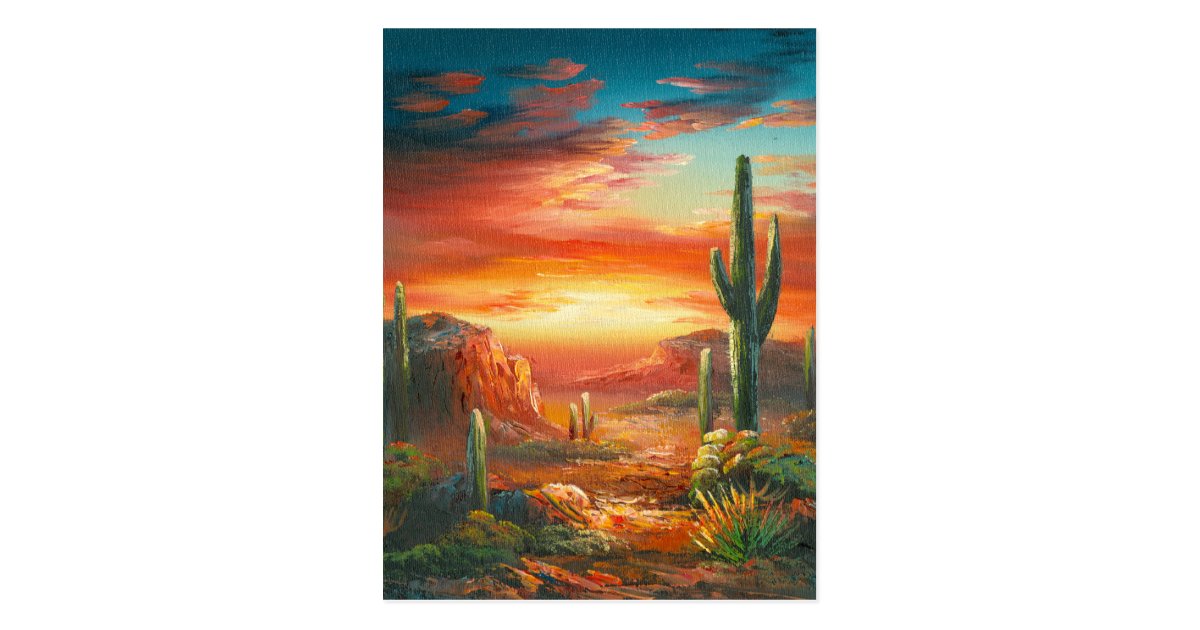 Painting Of A Colorful Desert Sunset Painting Postcard Zazzle Com