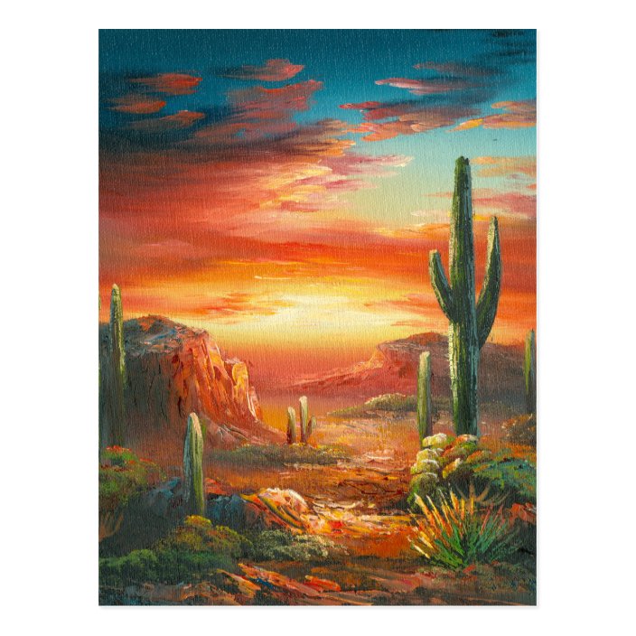 Painting Of A Colorful Desert Sunset Painting Postcard Zazzle Com