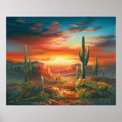 Painting Of A Colorful Desert Sunset Painting Poster