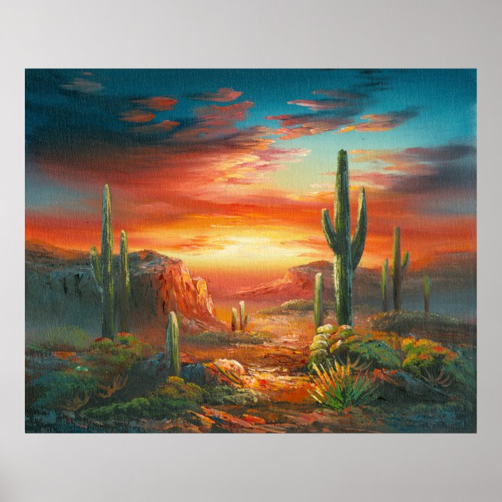 Painting Of A Colorful Desert Sunset Painting Poster Zazzle Com
