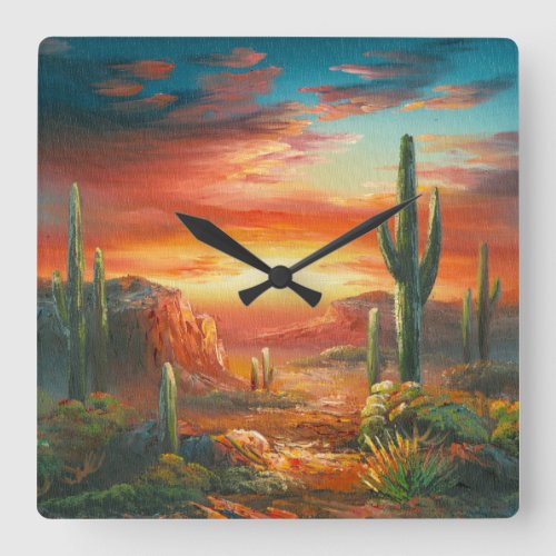 Painting Of A Colorful Desert Sunset Painting Square Wall Clock