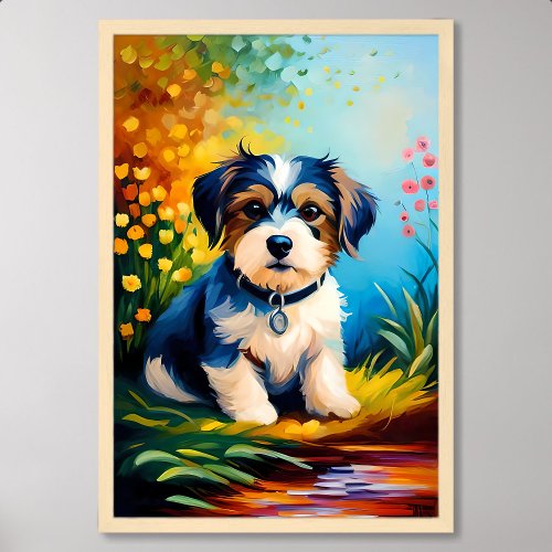 painting of a cute dog posing in wildflower garden poster