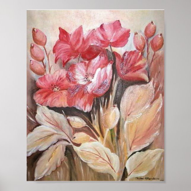 Painting of a floral in dark pink poppies poster (Front)