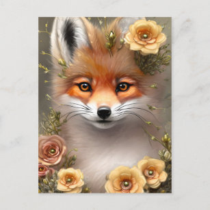 Painting of a Fox sitting among Flowers Postcard
