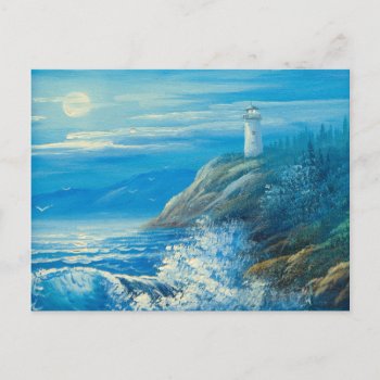 Painting Of A Full Moon Over A Lighthouse Postcard by CalmCards at Zazzle