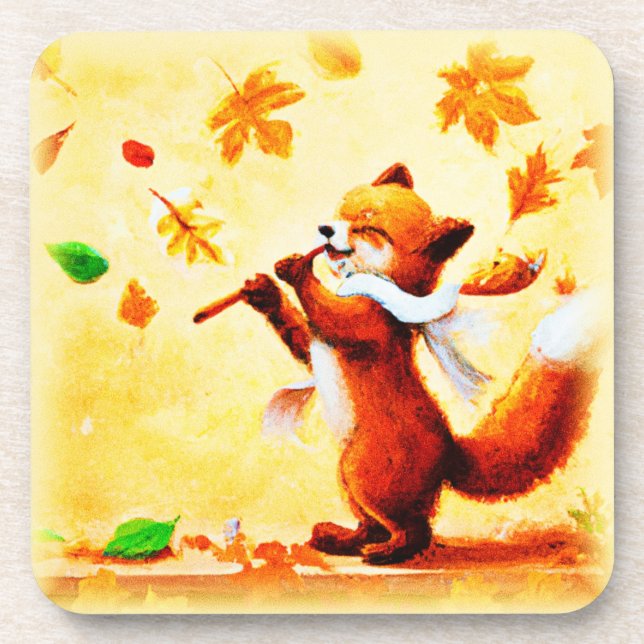 Painting Of a Happy Singing Red Fox. Buy Now Beverage Coaster (Front)