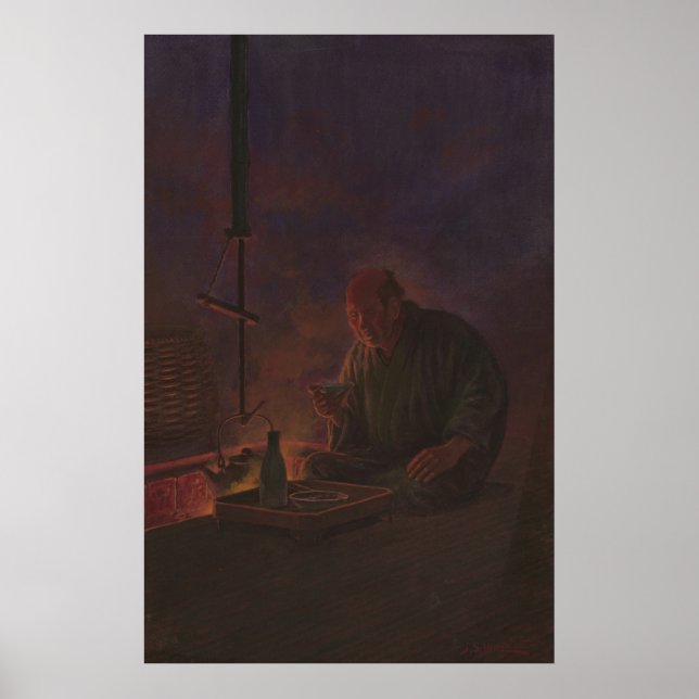 Painting of a Japanese Man Drinking Sake Poster (Front)