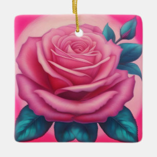 Painting of a neon pink rose ceramic ornament