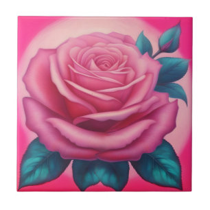 Painting of a neon pink rose ceramic tile