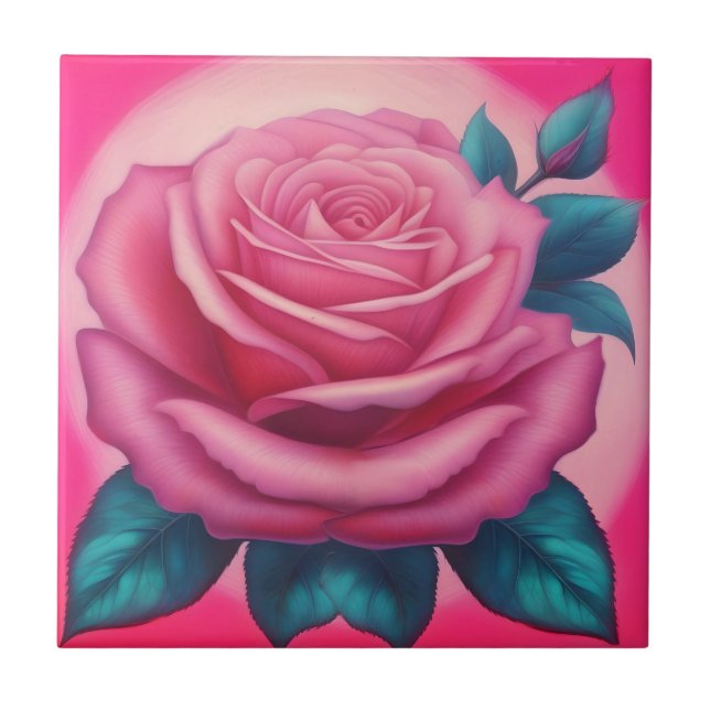 Painting of a neon pink rose ceramic tile (Front)