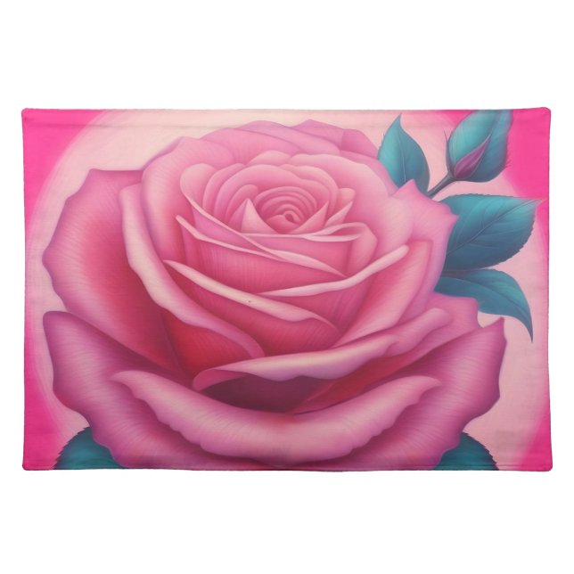 Painting of a neon pink rose cloth placemat (Front)