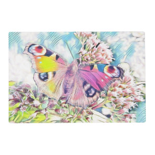 Painting of a pink butterfly on colored flowers pl placemat