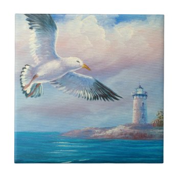 Painting Of A Seagull Flying Near A Lighthouse Ceramic Tile by CalmCards at Zazzle
