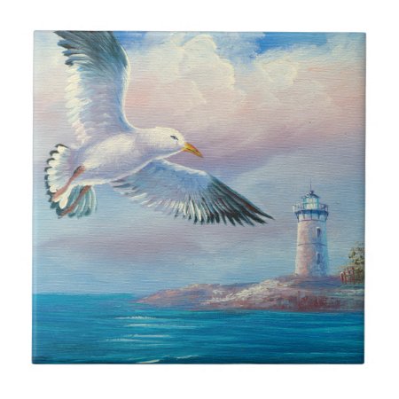Painting Of A Seagull Flying Near A Lighthouse Ceramic Tile