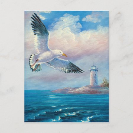 Painting Of A Seagull Flying Near A Lighthouse Postcard