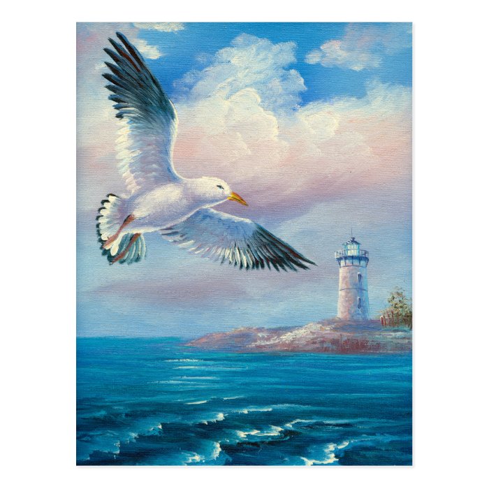 Painting Of A Seagull Flying Near A Lighthouse Postcard