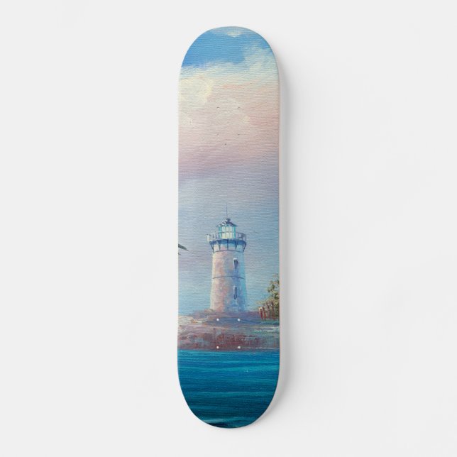 Painting Of A Seagull Flying Near A Lighthouse Skateboard Deck (Front)