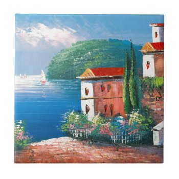 Painting Of A Seaside Villa In Italy Tile by CalmCards at Zazzle