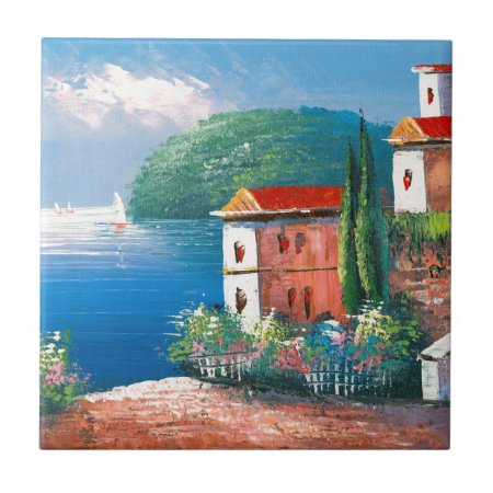 Painting Of A Seaside Villa In Italy Tile