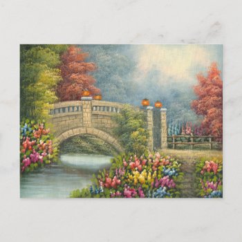 Painting Of A Walking Bridge Surrounded By Flowers Postcard by CalmCards at Zazzle