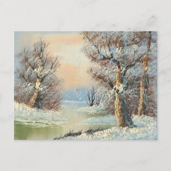 Painting Of A Winter Forest And River Postcard by CalmCards at Zazzle