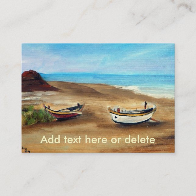 Painting of an old fishing row boat on the beach business card (Front)