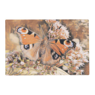 Painting of an orange and black butterfly on flowe placemat
