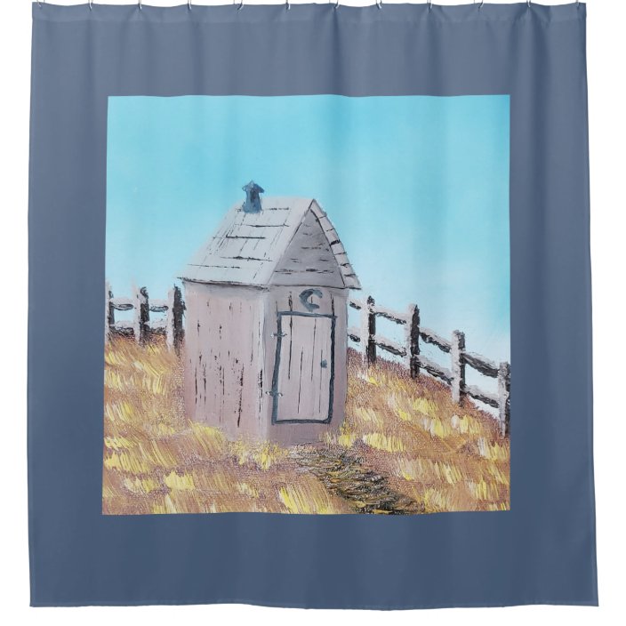 Painting of an Outhouse Blue Border Shower Curtain