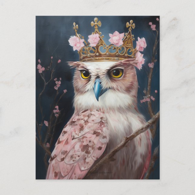 Painting of an owl with a crown and pink florals postcard (Front)