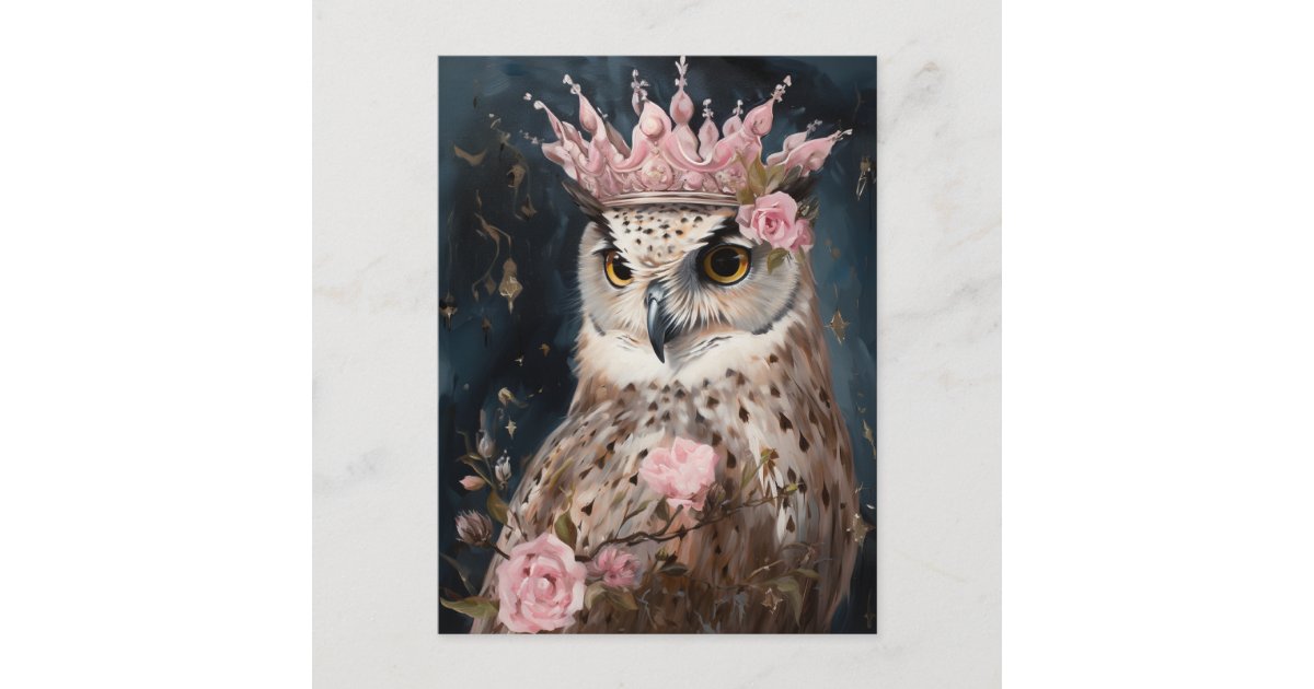 Painting of an owl with a crown and pink roses postcard | Zazzle