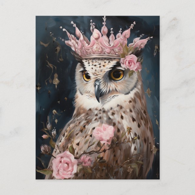 Painting of an owl with a crown and pink roses postcard (Front)