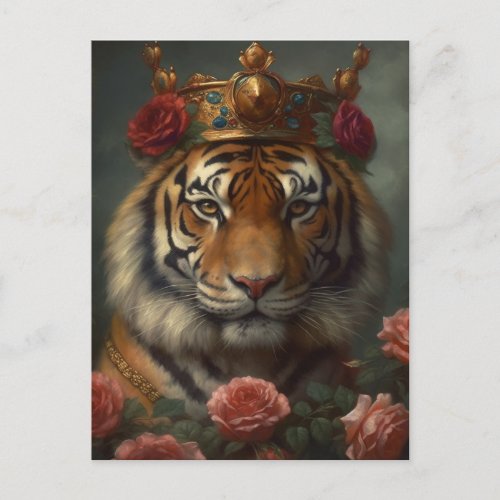 Painting of an tiger with a crown and Roses Postcard
