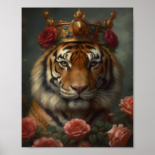 Painting of an tiger with a crown and Roses Poster