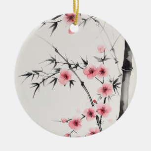 Painting of bamboo and cherry blossoms in wash ceramic ornament