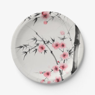 Painting of bamboo and cherry blossoms in wash  paper plates